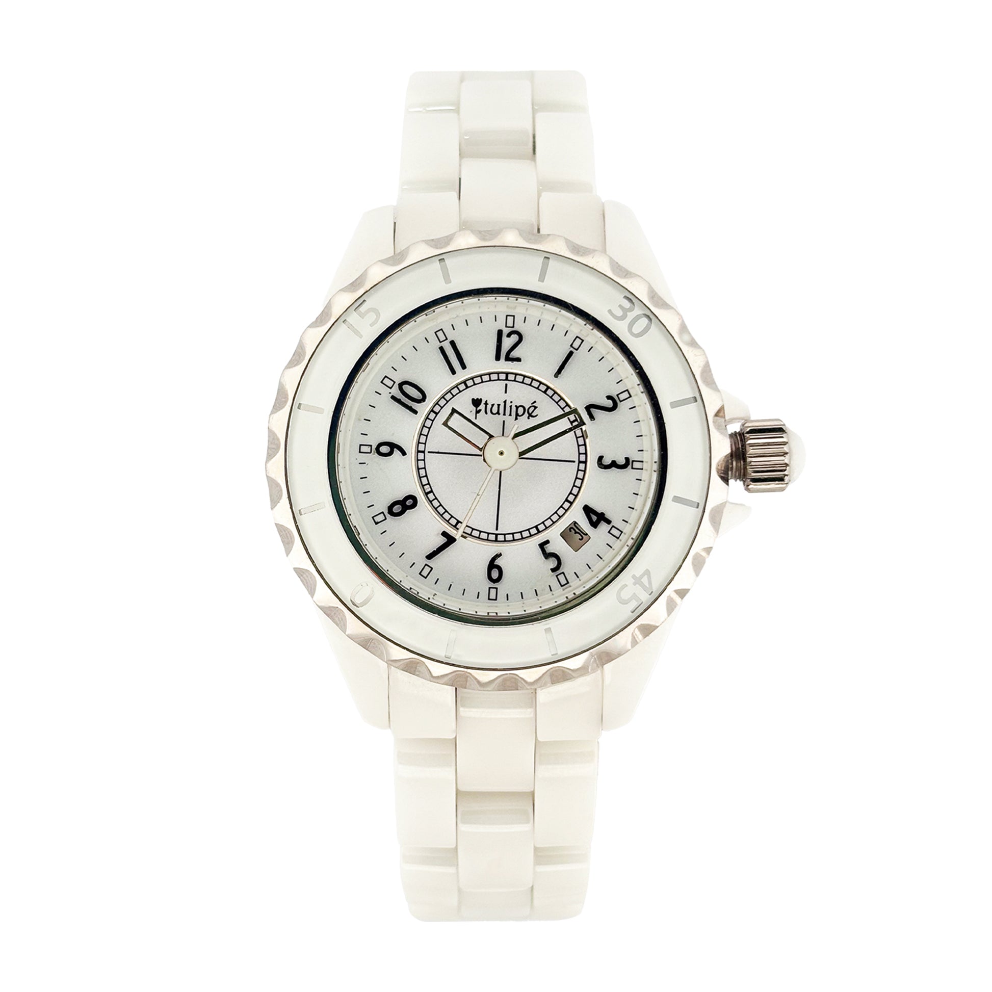 Reloj Tulip̩e Analogo para Dama con Correa de Ceramica y Bisel Estriado
