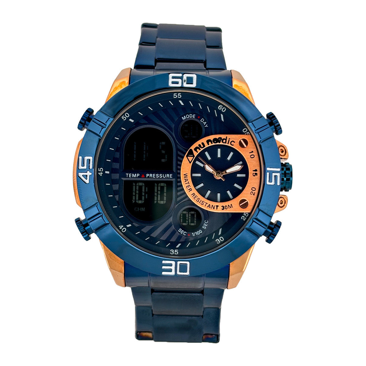 Reloj Nu Nordic Digital con Correa de Metal con Simuladores en Caratula Azul