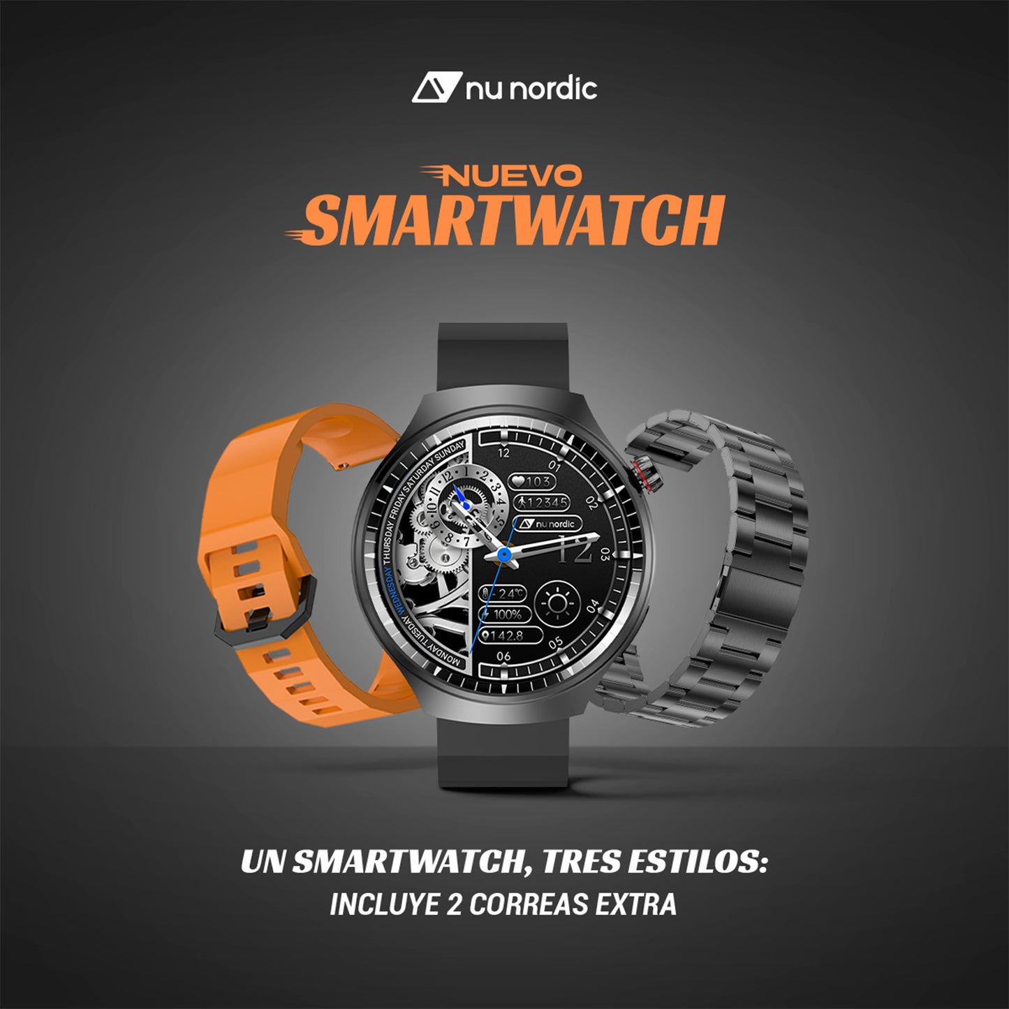 Smartwatch Nu Nordic Deportivo Para Caballero Case Negro Metálico con Correa de Silicón y Carga Inalámbrica