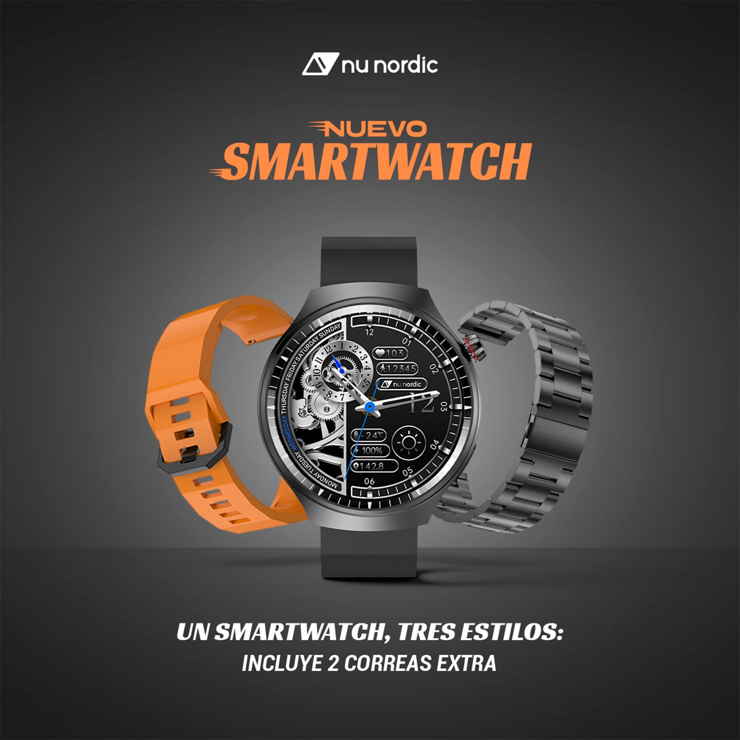 Smartwatch Nu Nordic Deportivo Para Caballero Case Negro Metálico con Correa de Silicón y Carga Inalámbrica