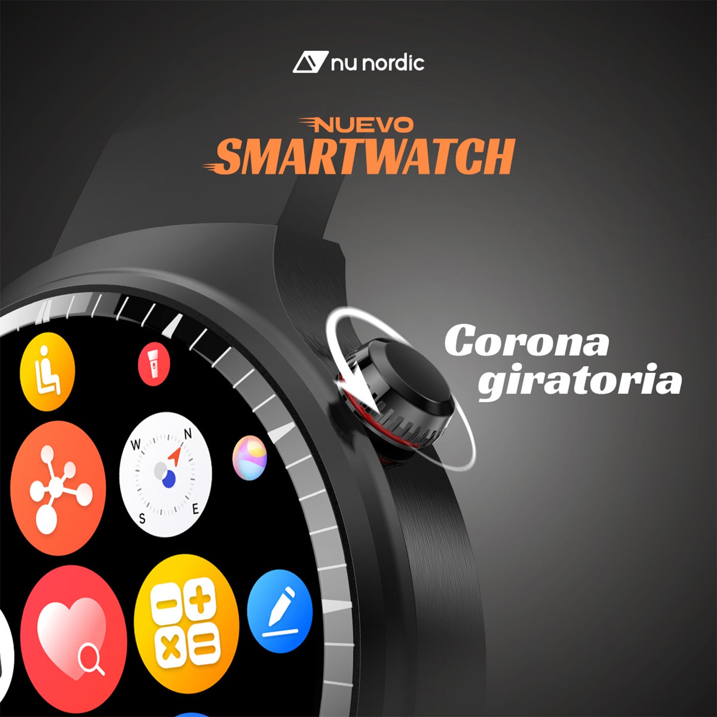Smartwatch Nu Nordic Deportivo Para Caballero Case Negro Metálico con Correa de Silicón y Carga Inalámbrica