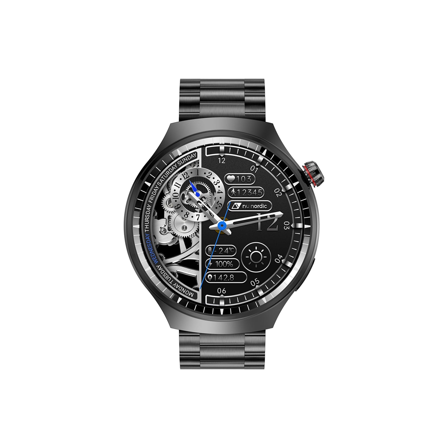 Smartwatch Nu Nordic Deportivo Para Caballero Case Negro Metálico con Correa de Silicón y Carga Inalámbrica