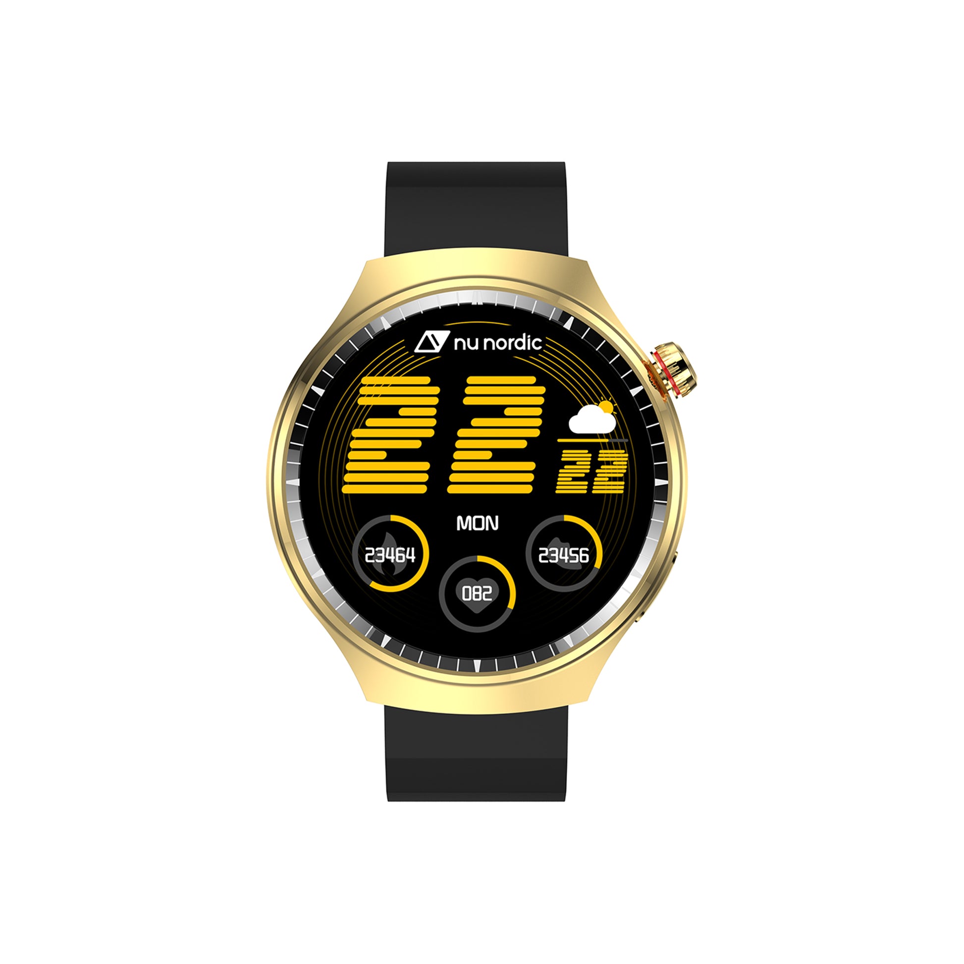 Smartwatch Nu Nordic Deportivo Para Caballero Case Dorado con Correa de Silicón Naranja y Carga Inalámbrica