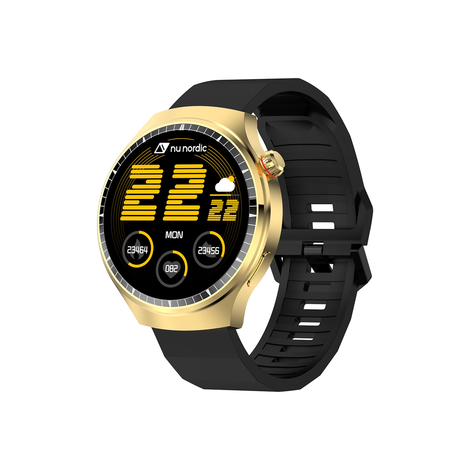 Smartwatch Nu Nordic Deportivo Para Caballero Case Dorado con Correa de Silicón Naranja y Carga Inalámbrica
