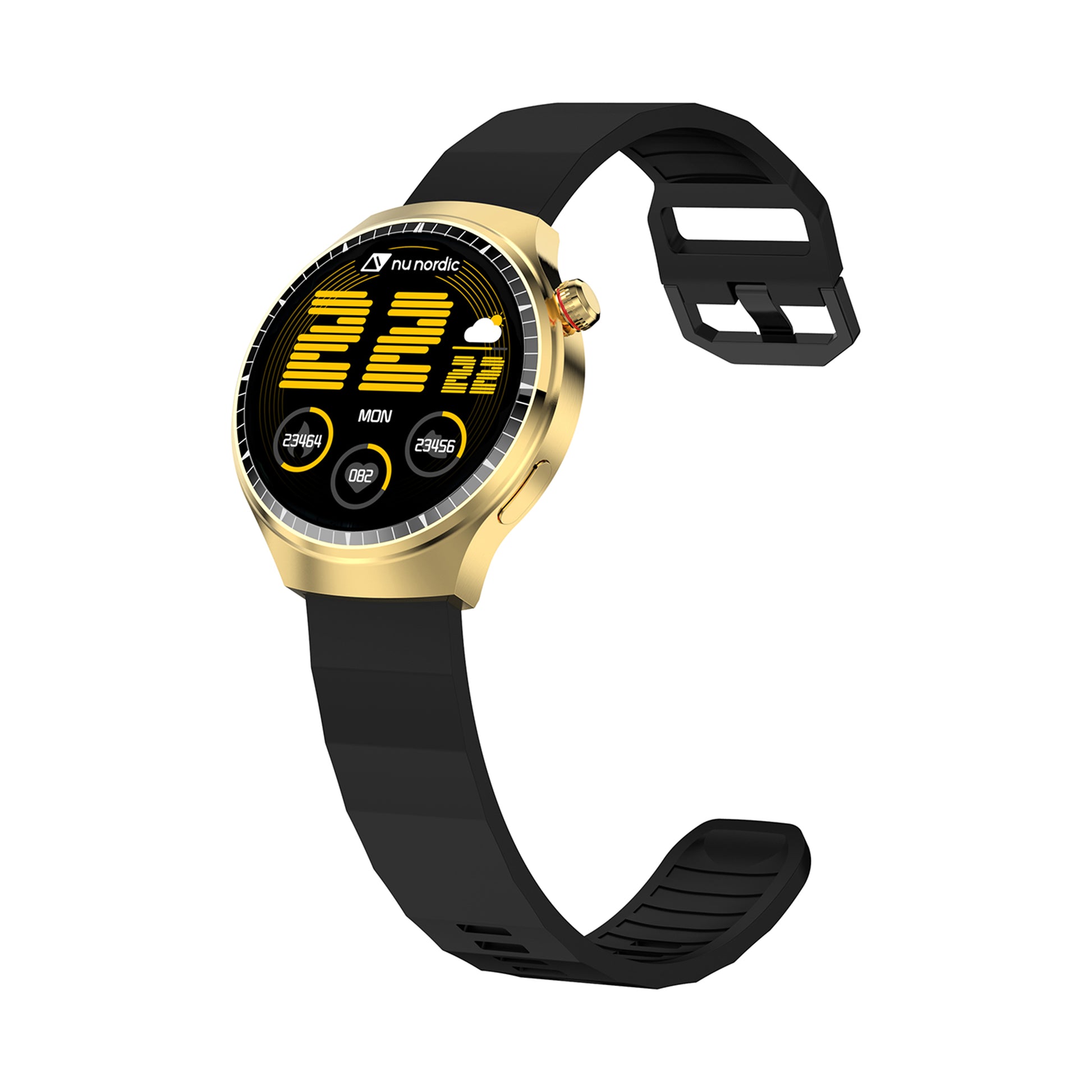 Smartwatch Nu Nordic Deportivo Para Caballero Case Dorado con Correa de Silicón Naranja y Carga Inalámbrica