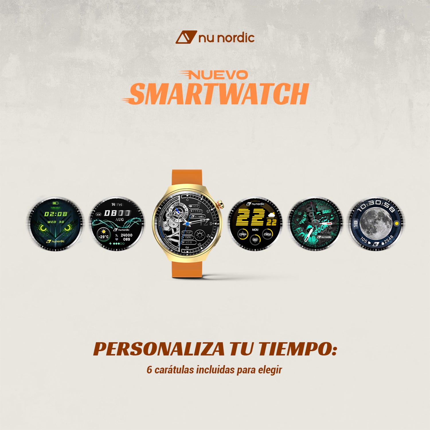 Smartwatch Nu Nordic Deportivo Para Caballero Case Dorado con Correa de Silicón Naranja y Carga Inalámbrica