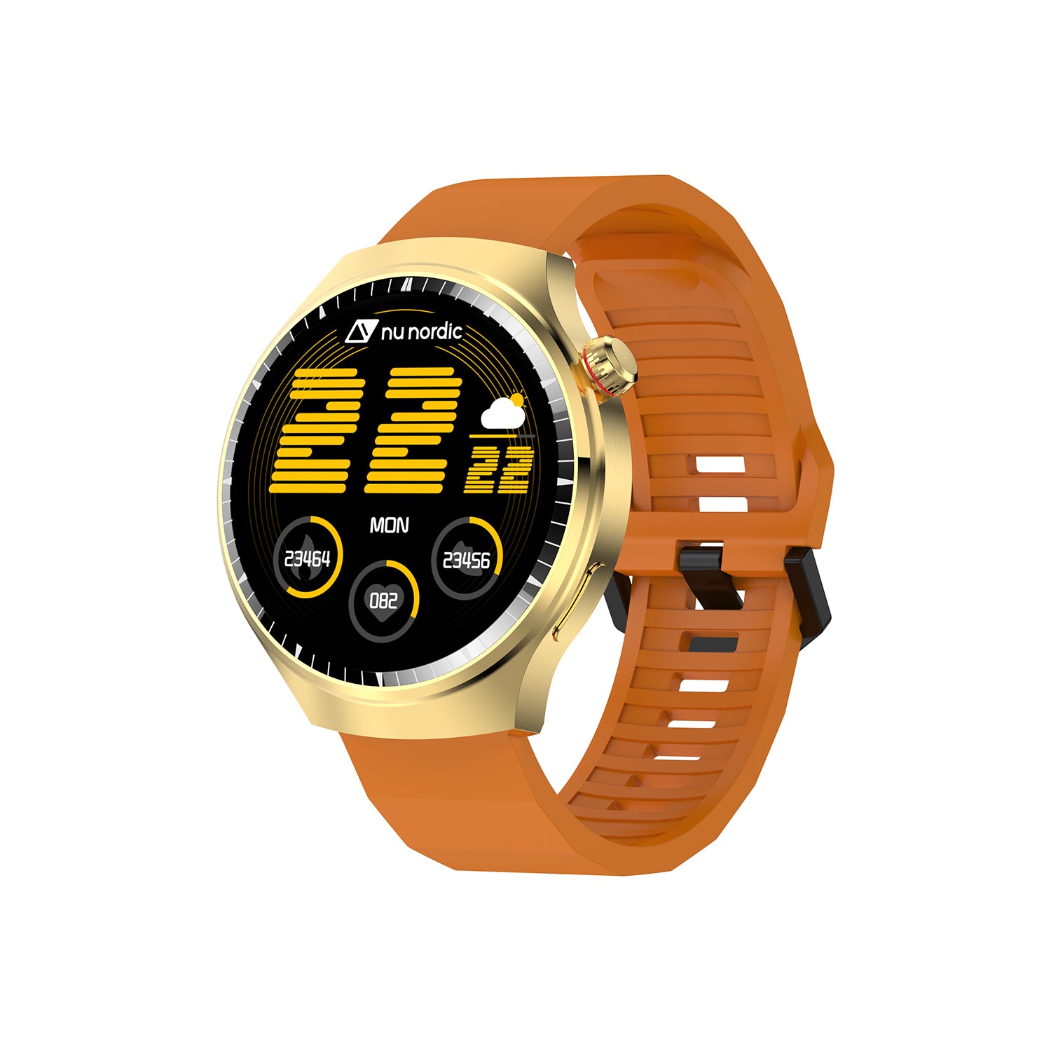 Smartwatch Nu Nordic Deportivo Para Caballero Case Dorado con Correa de Silicón Naranja y Carga Inalámbrica