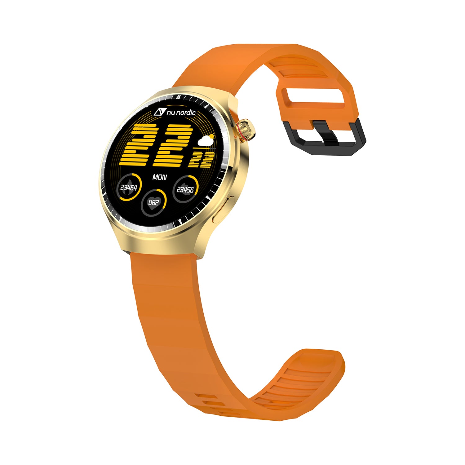 Smartwatch Nu Nordic Deportivo Para Caballero Case Dorado con Correa de Silicón Naranja y Carga Inalámbrica