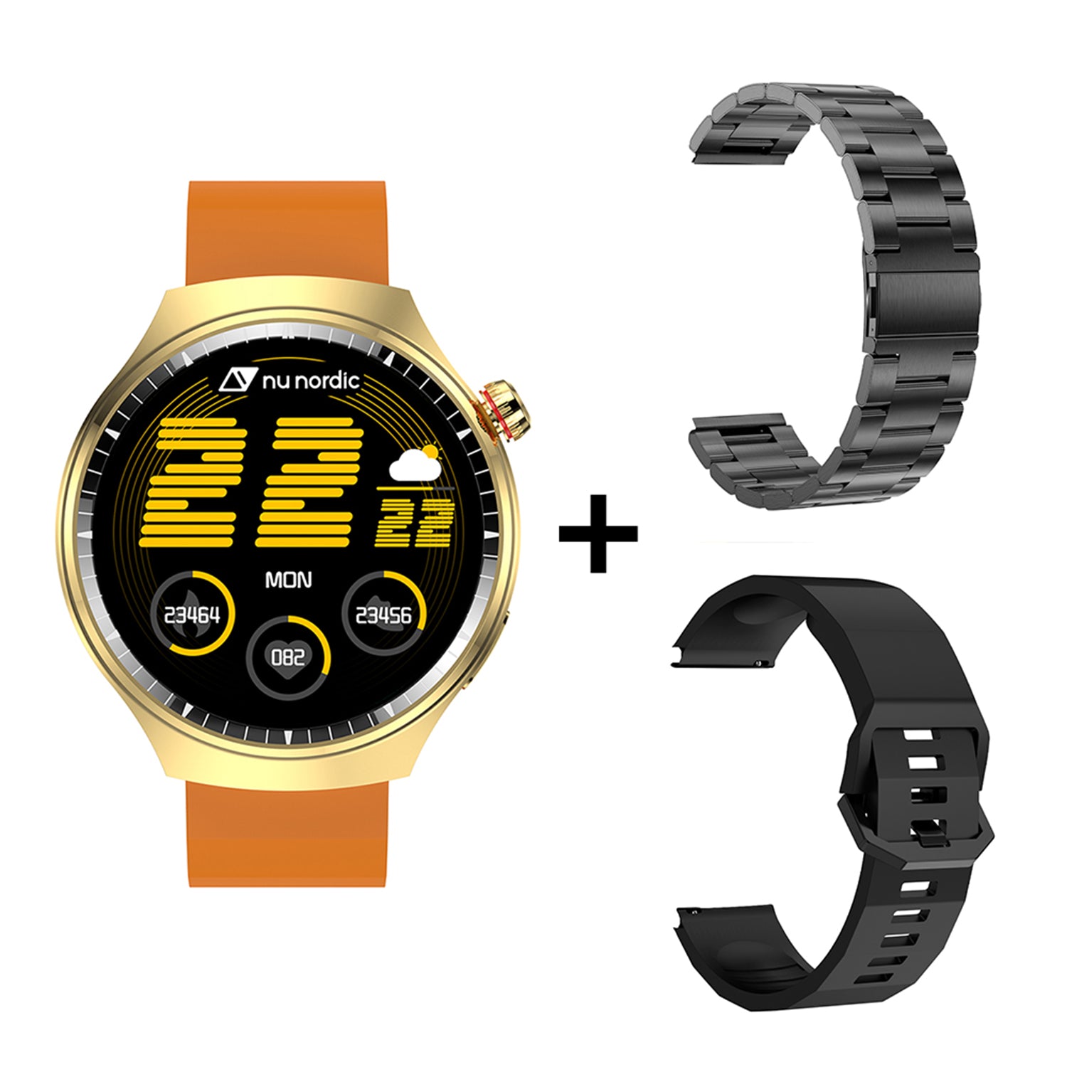 Smartwatch Nu Nordic Deportivo Para Caballero Case Dorado con Correa de Silicón Naranja y Carga Inalámbrica