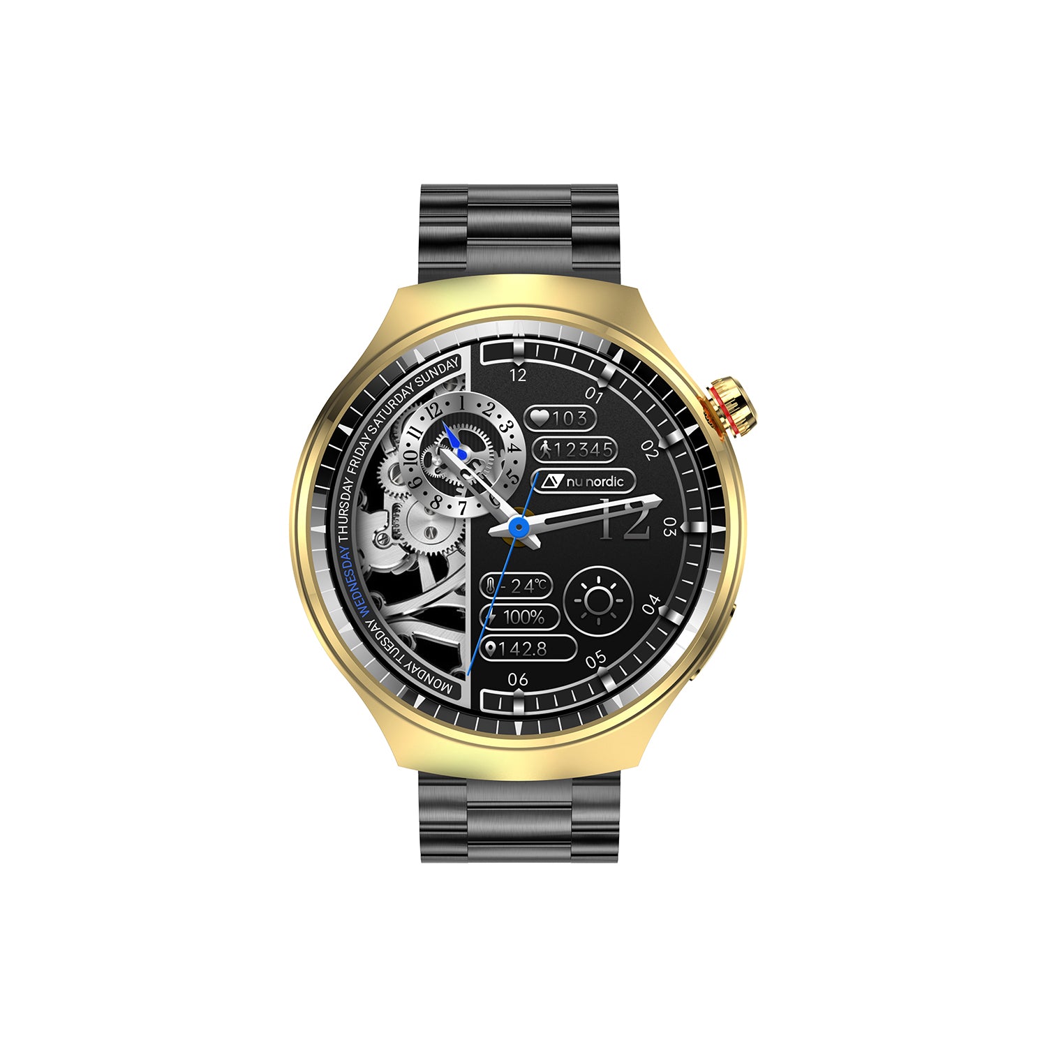 Smartwatch Nu Nordic Deportivo Para Caballero Case Dorado con Correa de Silicón Naranja y Carga Inalámbrica