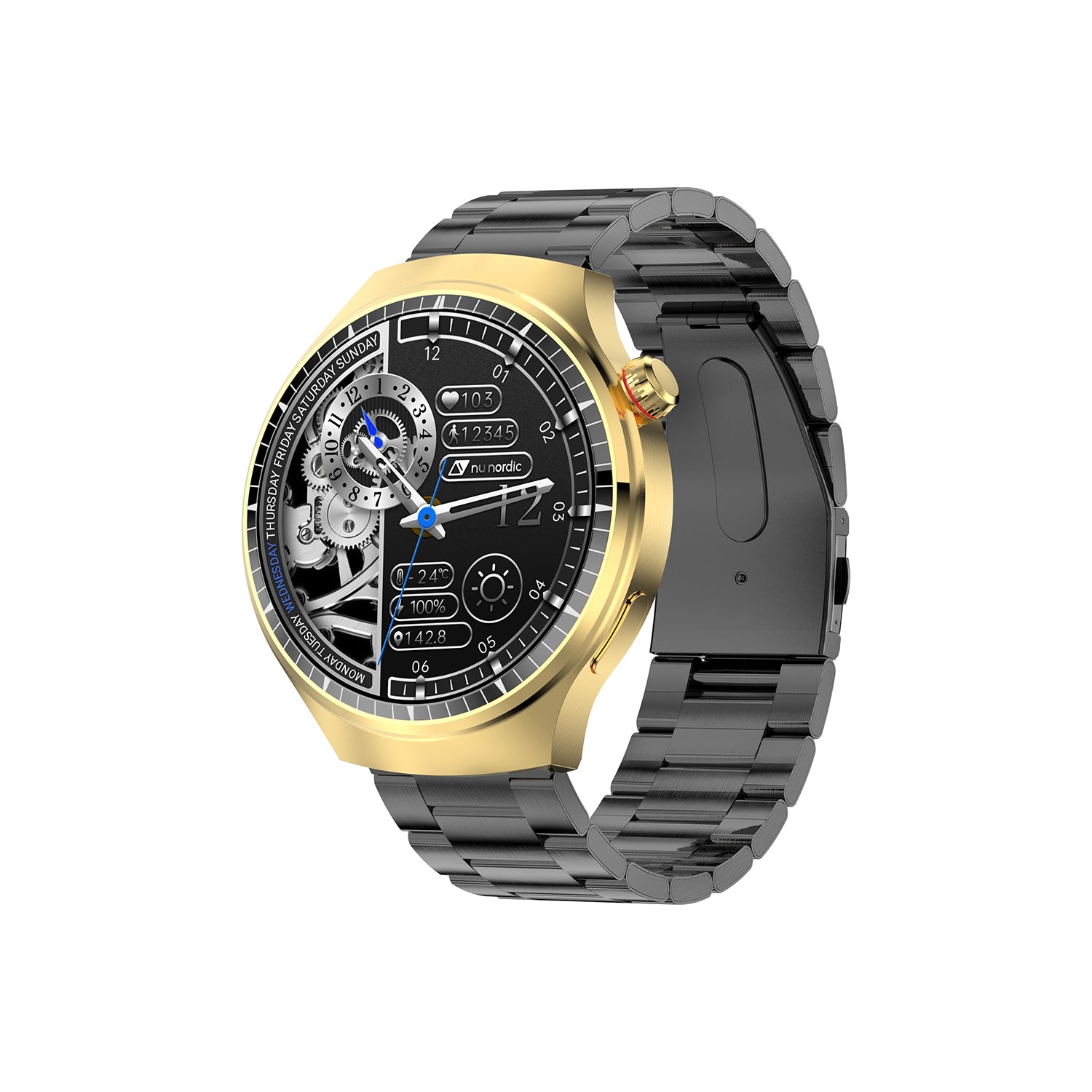 Smartwatch Nu Nordic Deportivo Para Caballero Case Dorado con Correa de Silicón Naranja y Carga Inalámbrica