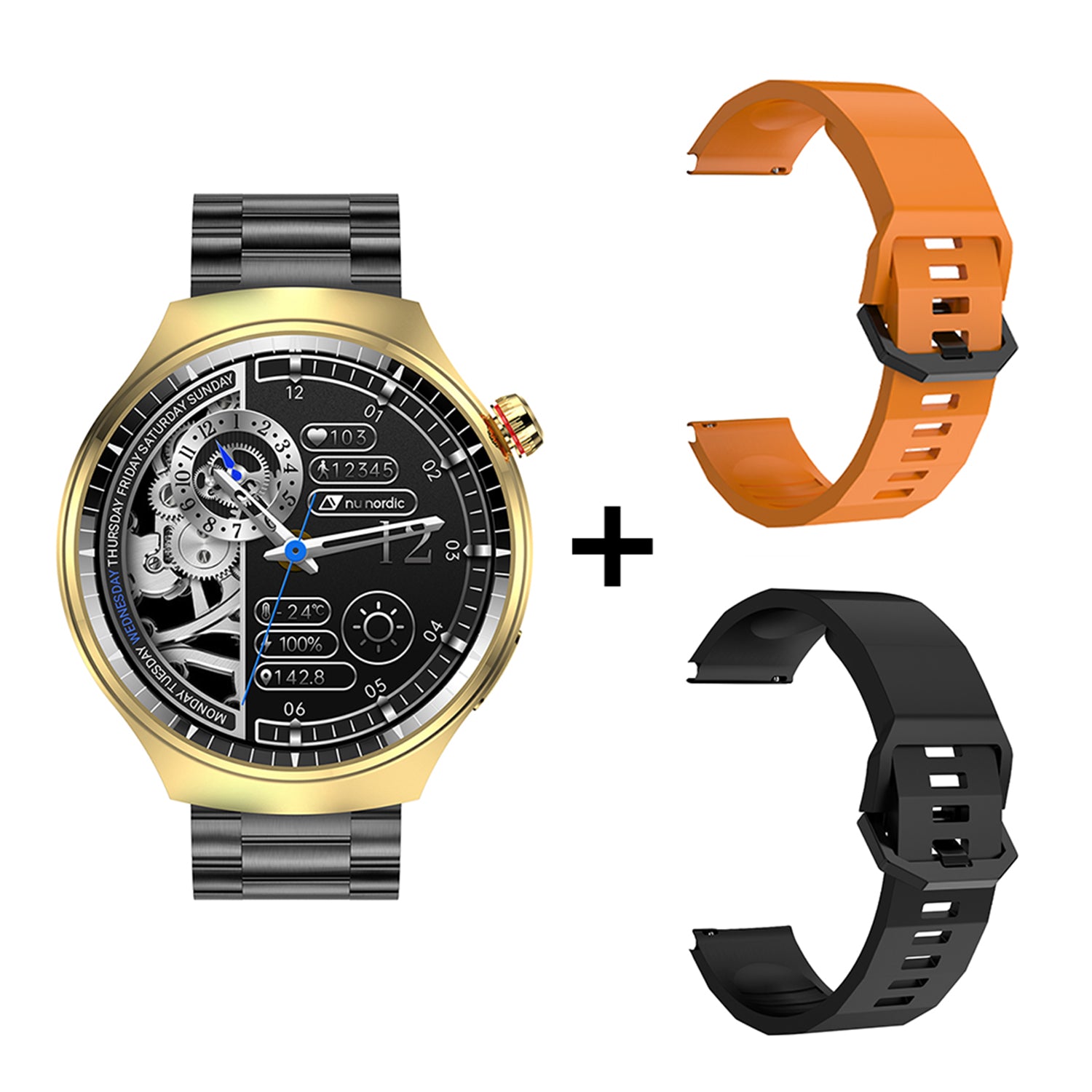 Smartwatch Nu Nordic Deportivo Para Caballero Case Dorado con Correa de Silicón Naranja y Carga Inalámbrica