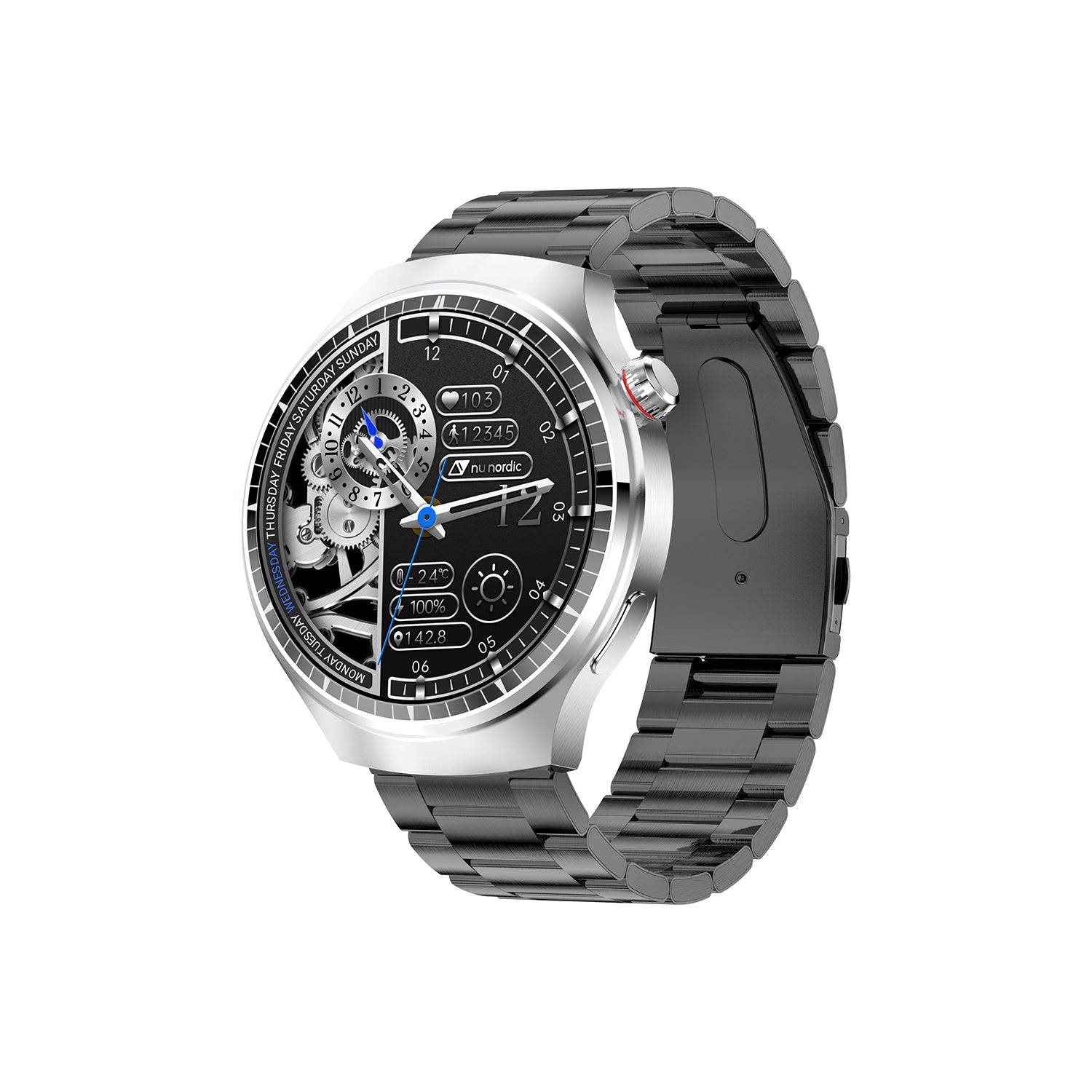 Smartwatch Nu Nordic Deportivo Para Caballero Case Plateado con Correa de Acero Inoxidable y Carga Inalámbrica