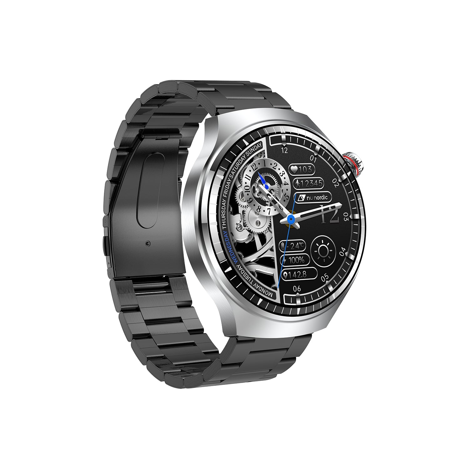 Smartwatch Nu Nordic Deportivo Para Caballero Case Plateado con Correa de Acero Inoxidable y Carga Inalámbrica
