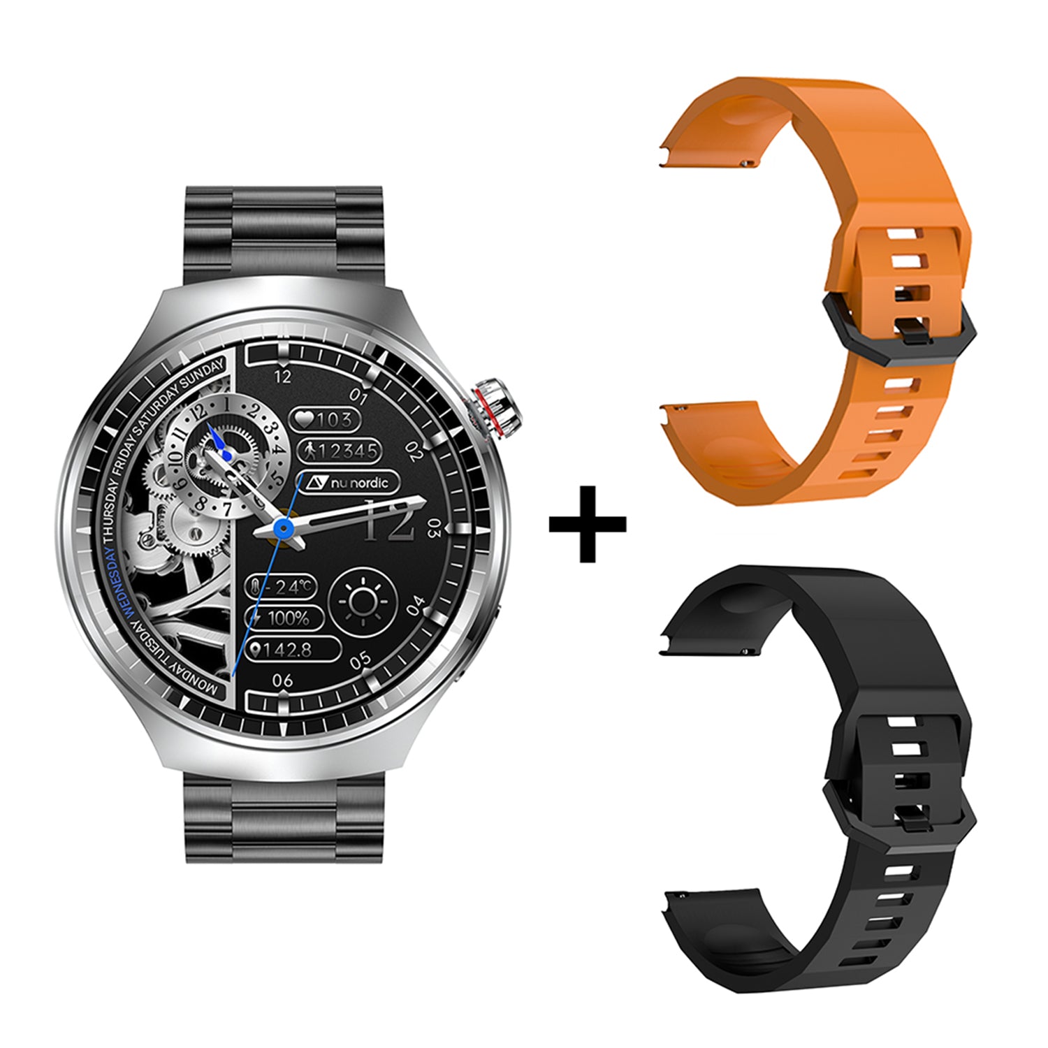 Smartwatch Nu Nordic Deportivo Para Caballero Case Plateado con Correa de Acero Inoxidable y Carga Inalámbrica