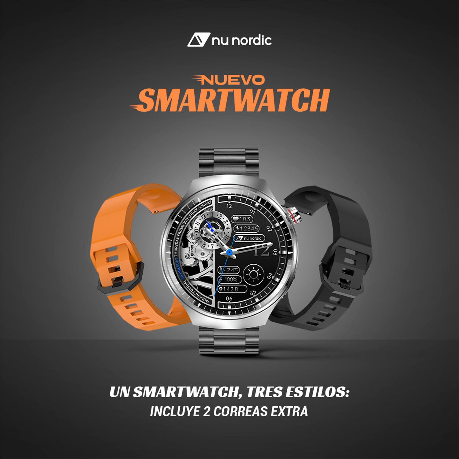 Smartwatch Nu Nordic Deportivo Para Caballero Case Plateado con Correa de Acero Inoxidable y Carga Inalámbrica