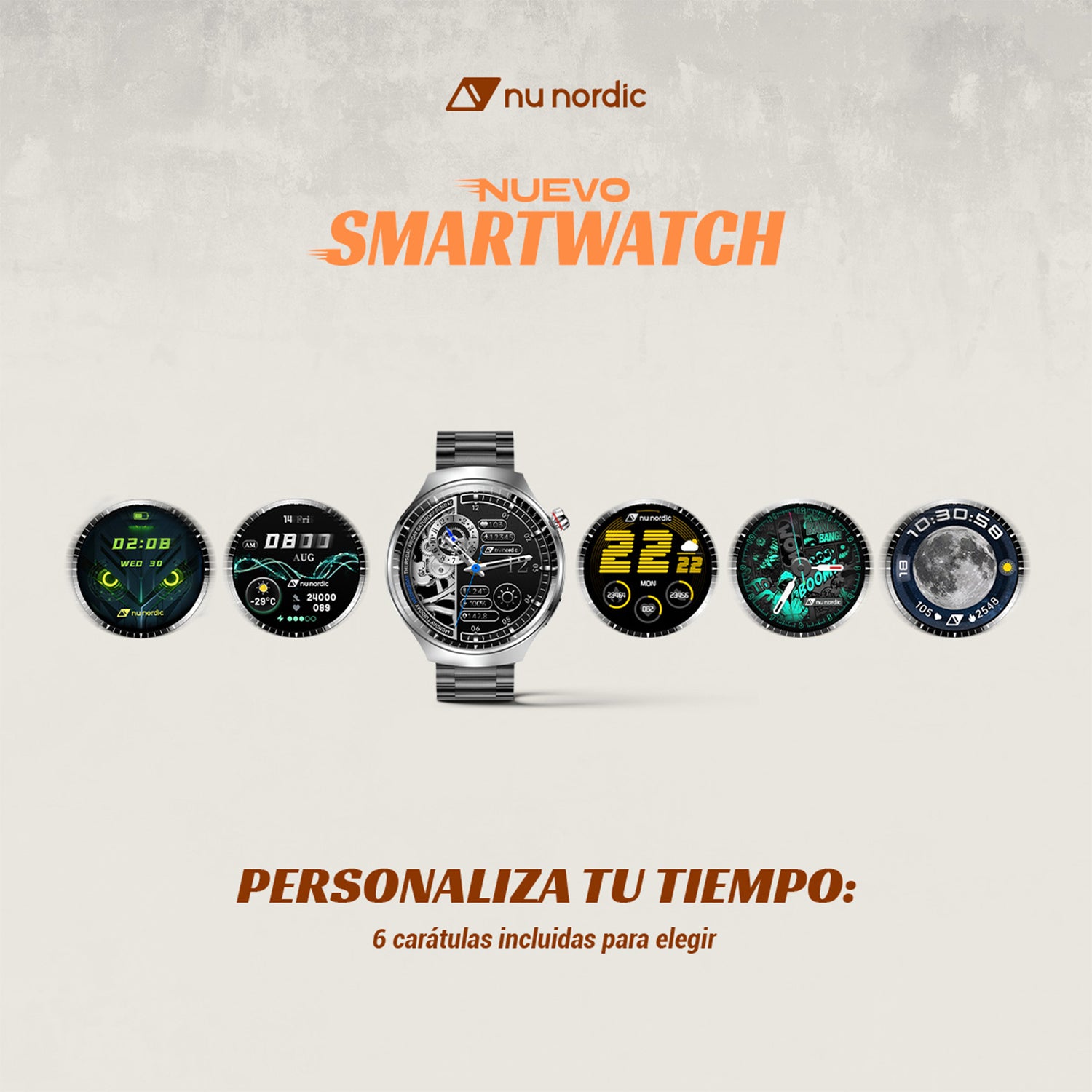 Smartwatch Nu Nordic Deportivo Para Caballero Case Plateado con Correa de Acero Inoxidable y Carga Inalámbrica
