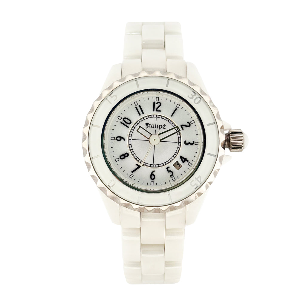 Reloj Tulip̩e Analogo para Dama con Correa de Ceramica y Bisel Estriado