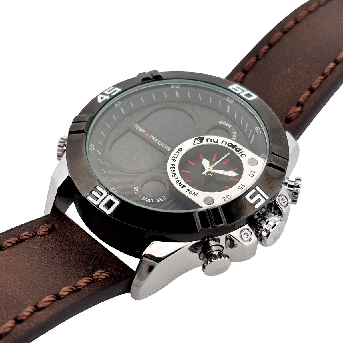 Reloj Nu Nordic Digital con Correa de Tactopiel Café con Simuladores en Caratula Plateada