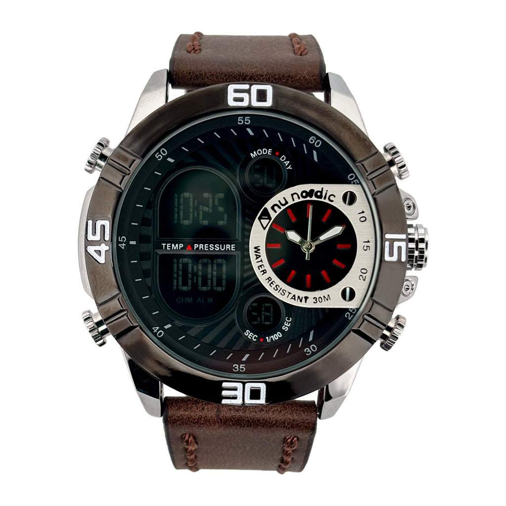 Reloj Nu Nordic Digital con Correa de Tactopiel Café con Simuladores en Caratula Plateada