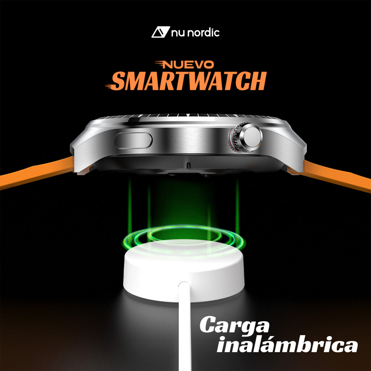 Smartwatch Nu Nordic Deportivo Para Caballero Case Dorado con Correa de Silicón Naranja y Carga Inalámbrica