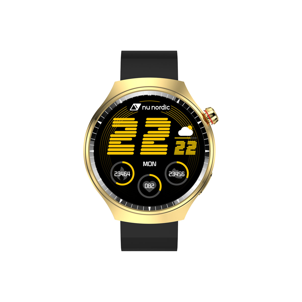 Smartwatch Nu Nordic Deportivo Para Caballero Case Dorado con Correa de Silicón Naranja y Carga Inalámbrica