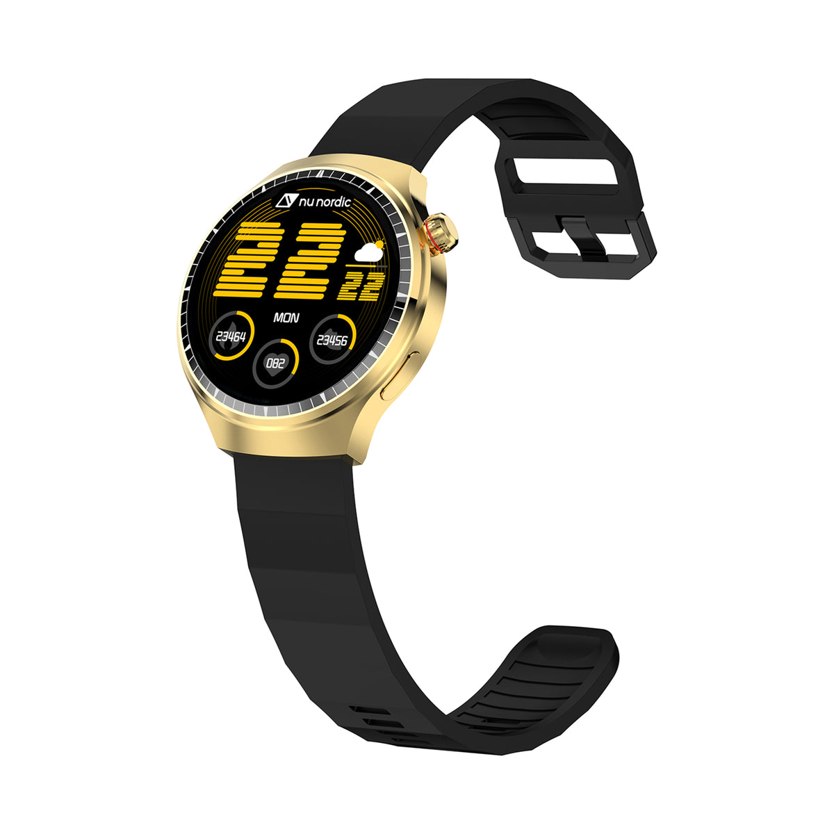 Smartwatch Nu Nordic Deportivo Para Caballero Case Dorado con Correa de Silicón Naranja y Carga Inalámbrica
