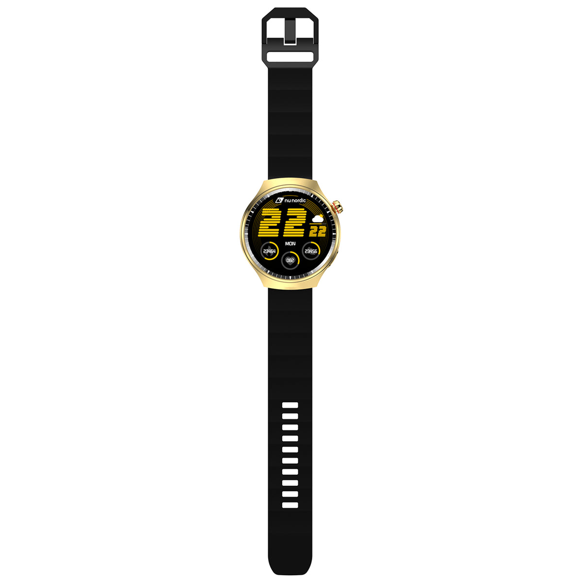 Smartwatch Nu Nordic Deportivo Para Caballero Case Dorado con Correa de Silicón Naranja y Carga Inalámbrica