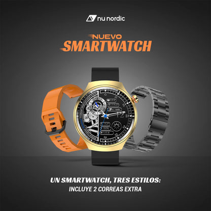 Smartwatch Nu Nordic Deportivo Para Caballero Case Dorado con Correa de Silicón Naranja y Carga Inalámbrica