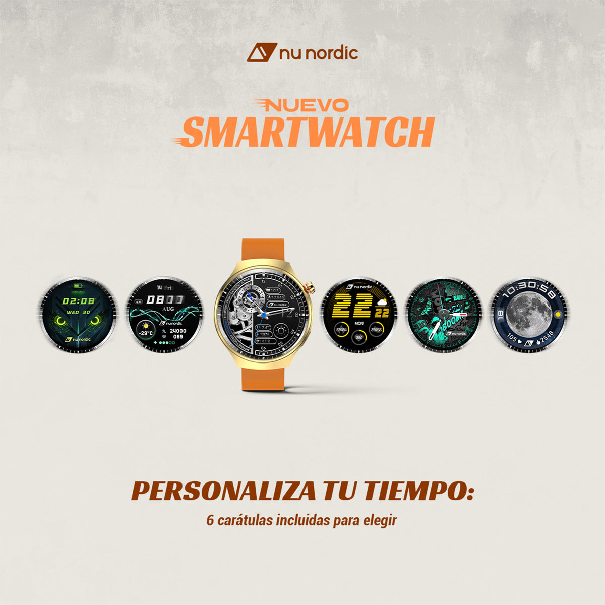 Smartwatch Nu Nordic Deportivo Para Caballero Case Dorado con Correa de Silicón Naranja y Carga Inalámbrica
