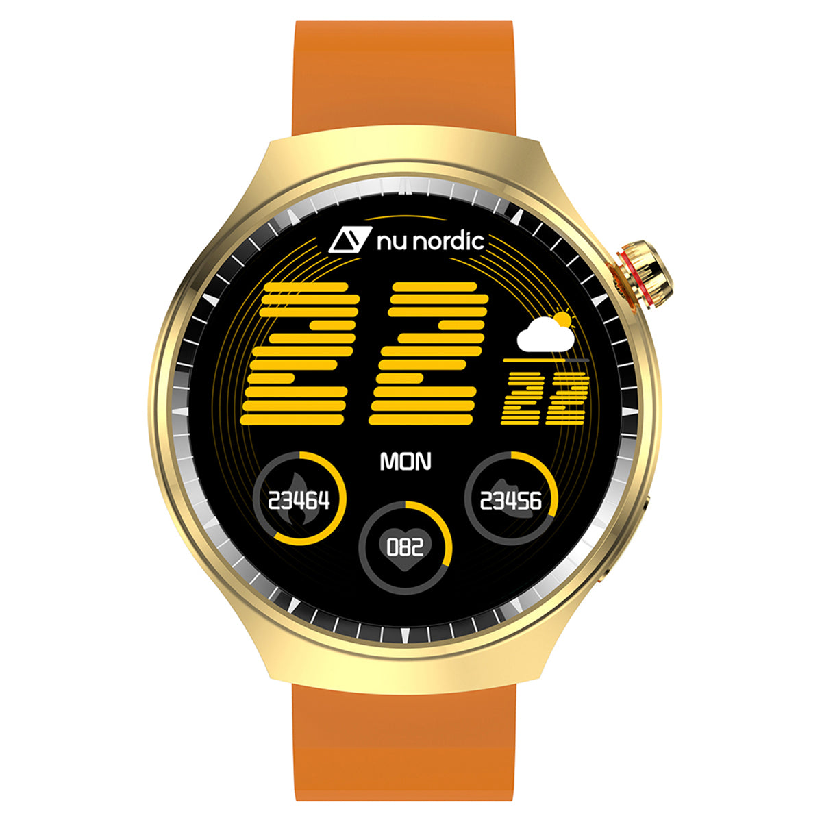 Smartwatch Nu Nordic Deportivo Para Caballero Case Dorado con Correa de Silicón Naranja y Carga Inalámbrica