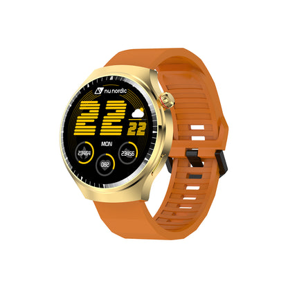 Smartwatch Nu Nordic Deportivo Para Caballero Case Dorado con Correa de Silicón Naranja y Carga Inalámbrica