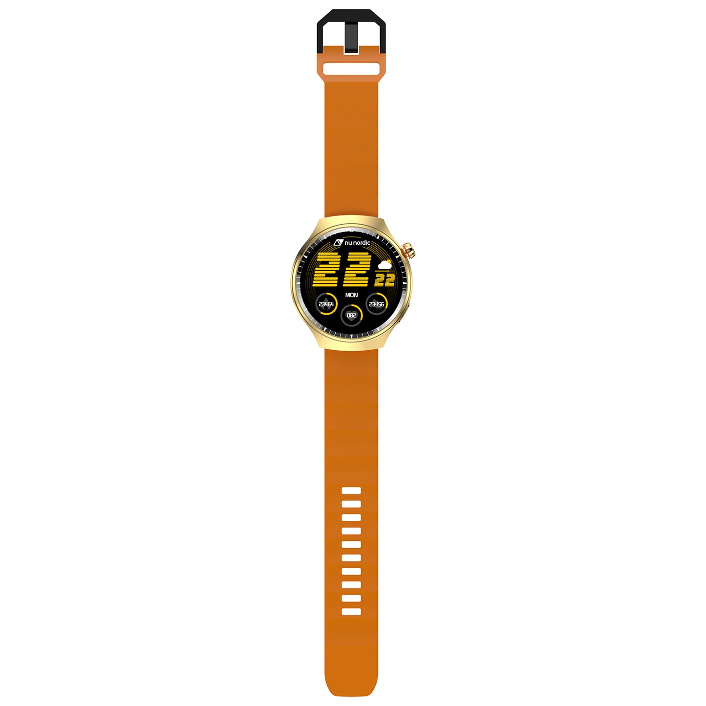 Smartwatch Nu Nordic Deportivo Para Caballero Case Dorado con Correa de Silicón Naranja y Carga Inalámbrica