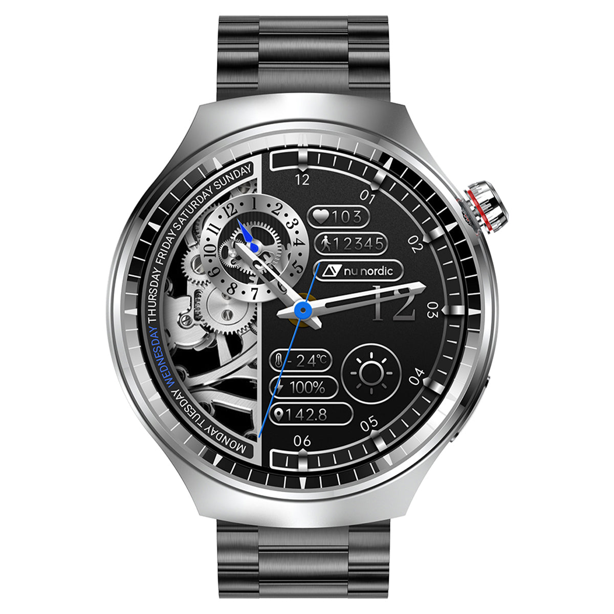 Smartwatch Nu Nordic Deportivo Para Caballero Case Plateado con Correa de Acero Inoxidable y Carga Inalámbrica