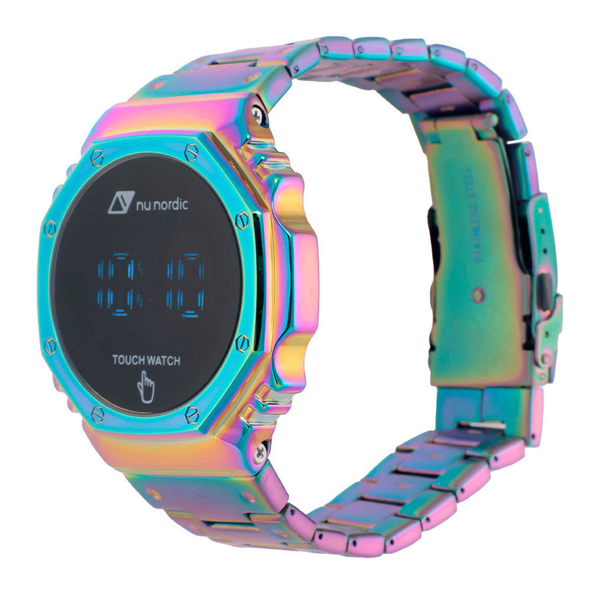 Reloj Nu Nordic Digital Caja Octagonal Extensible Metal Iridiscente