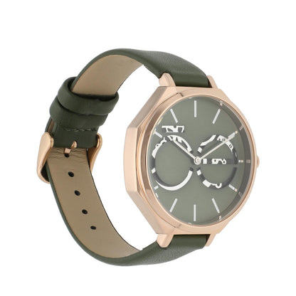 Reloj Cloe análogo para dama color beige con doble carátula y extensible de tacto piel