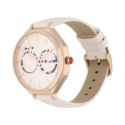 Reloj Cloe análogo para dama color beige con doble carátula y extensible de tacto piel